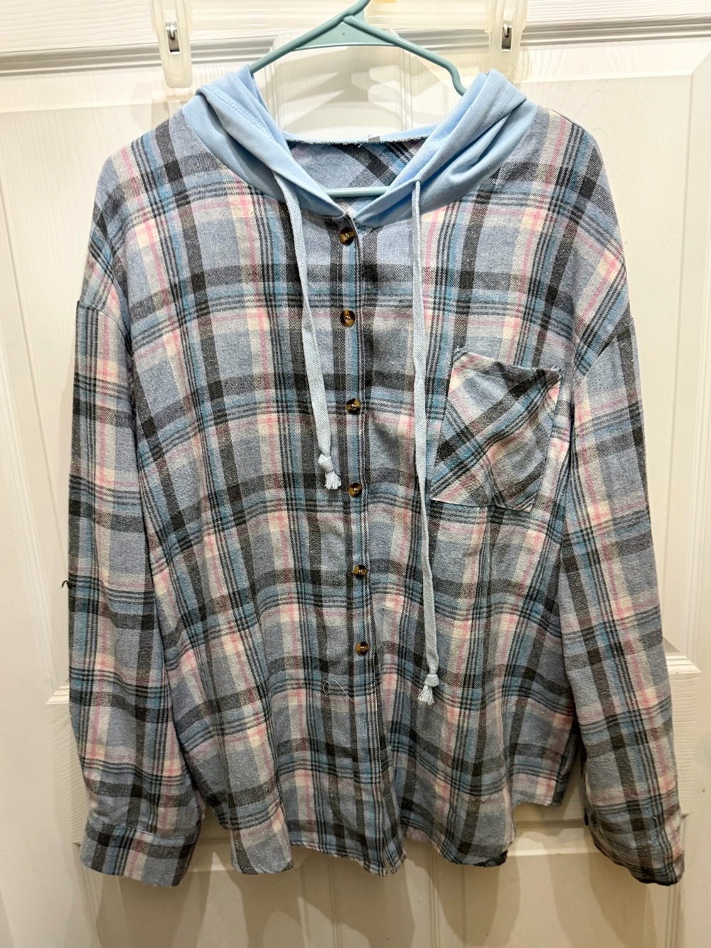 Women’s XXL Hooded Plaid Flannel Shirt Light Blue Pink Navy White